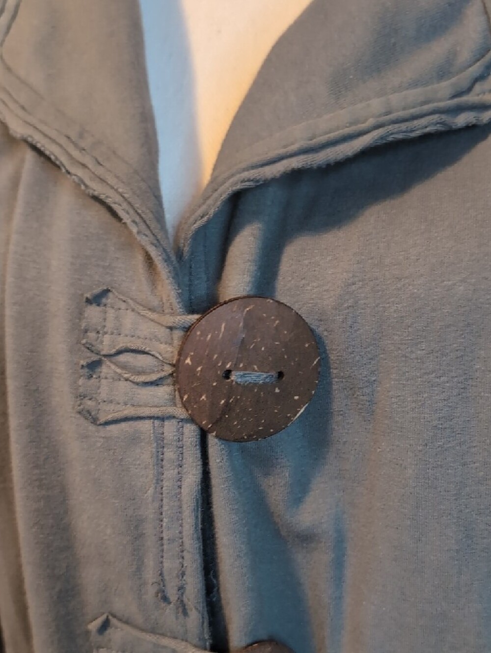 Neon Buddha Sage Green Gray Long Length Yoga Stretch Jacket Wooden Buttons XL - Picture 4 of 16